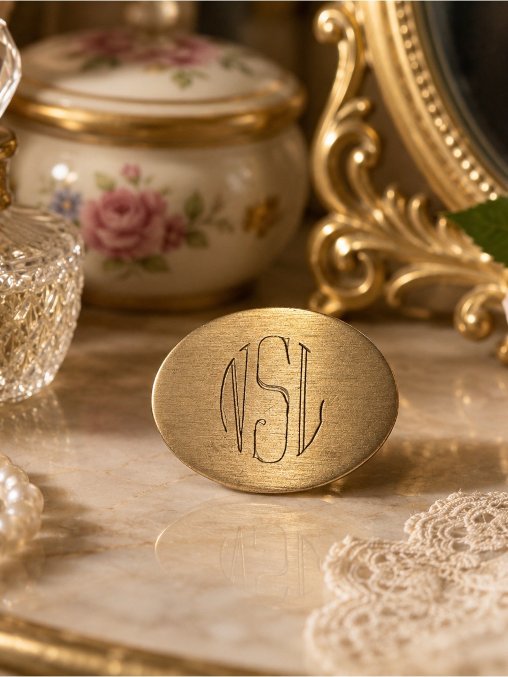 Vintage Gold Tone Engraved Monogram NSL Oval Brooch Pin Minimalist Estate